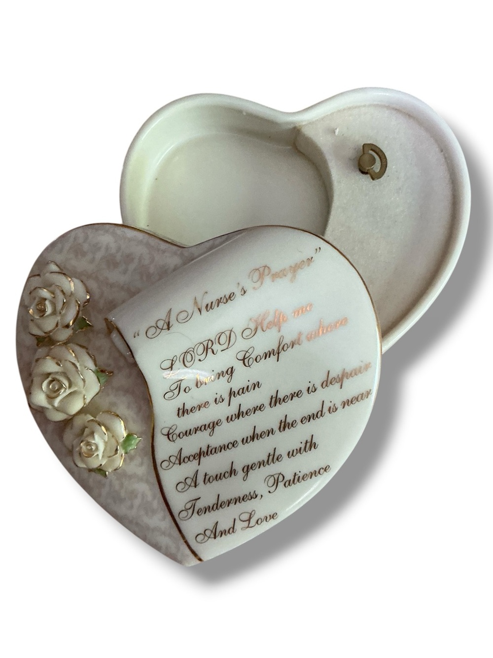 Heart-Shaped Porcelain Trinket Music Box with Roses - A Nurse’s Prayer